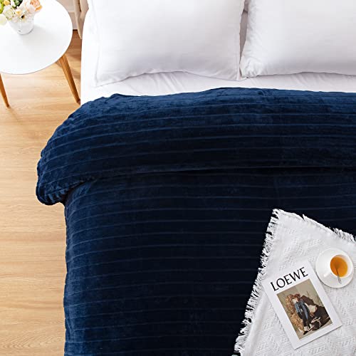 Bertte 330 Gsm Lightweight Fluffy Cozy Luxury Decorative Stripe Bed Couch Plush Throw Super Soft Fuzzy Warm Blanket, King(102"X 90"), Navy #TOP1