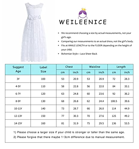 Weileenice Rustic Flower Girls Wedding Party Dress Long Kids Princess Bridesmaid Ball Gown Toddler Girl Baptism Christening Lace Bohemian Maxi Dresses White 6-7 Kid Birthday Prom Gowns Elegant Belt #TOP2