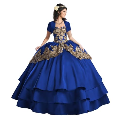 DXUOPL Sweetheart Quinceañera Dress Ball Gowns Royal Blue Luxury Satin Evening Gown Gold Beading 16 Dresses with Jacket Gorgeous Sleeveless Vestidos de 15 años Size 08
