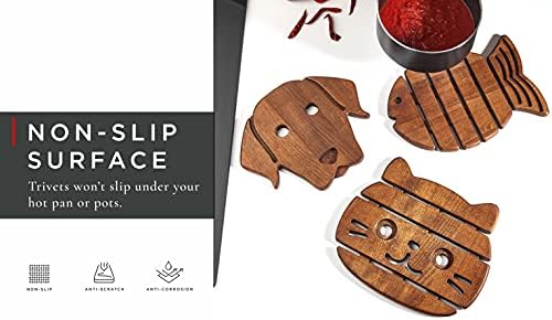 Woodpeckers London Wooden Trivets for Kitchen Worktops | 21x18 cm Tea Pot Coasters | Animal Design Table Protector Heat Resistant Trivets for Hot Pans, Hot Pot (Fish)