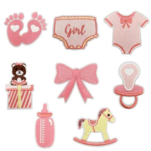 8PCS Baby Girl Iron on Patches, Blue Cartoon Infant Pacifier Bottle Embroidered Patches for Clothes, Custom Gift Footprint Applique for Backpacks,Jeans,Clothes,Dresses,Hats,Jackets,Clothes DIY Craft