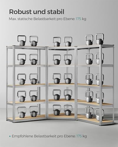 SONGMICS Eckregal-Set 5 Ebenen, Schwerlastregal, Metall, Lagerregal für Garage, Abstellraum, Kellerregal, bis 2625 kg belastbar, silbern-naturbeige GLR070E03