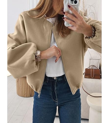 Womens Cropped Bomber Jacket Zip Up Varsity Jacket Casual Lightweight Welt Pockets Outwear Coat3