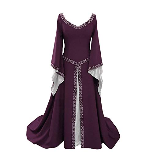 YUDATPG Vestido medieval acampanado de manga larga renacentista para mujer, vestido campesino, disfraz de Halloween, vestido gótico de hadas, vestido de noche, color morado