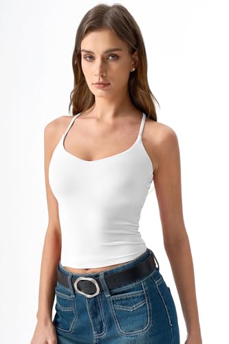 Image of QINSEN Womens Cross Back Tank Top V Neck Double Lined Camisole Top Sleeveless Spaghetti Strap Going Out Tops