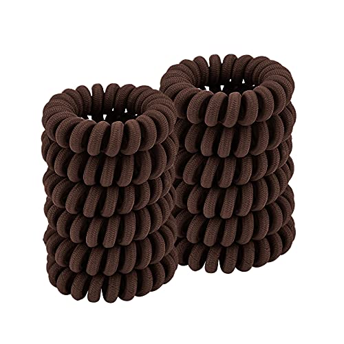 Spiral Hair Ties (Cloth Coffee, 12 Pcs), Coil Ponytail Holder for Thick Hair, No Crease Phone Cord Ties for All Hair Types with Plastic Spiral