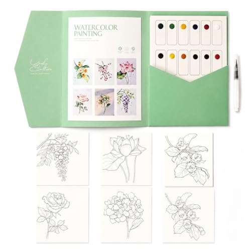CHRYSELLE Watercolor Painting Kit, Flower Theme, 6 Designs, 12 Colors