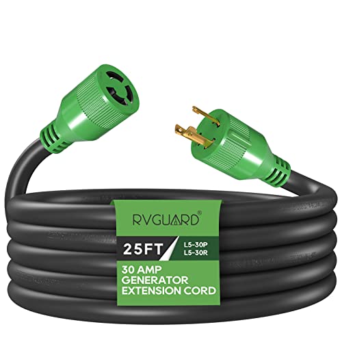 Rvguard 3 Prong 30 Amp 25 Foot Generator Extension Cord, Nema L5-30P/L5-30R 125V 10 Gauge Sjtw Generator Power Cord With Cord Organizer, Etl Listed #TOP12