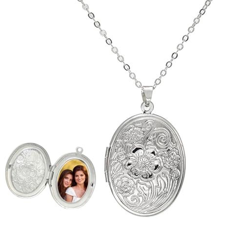 TJUSPIRIT Vintage Medaillon zum Öffnen für Bilder Foto Kette Edelstahl Photo Bild Amulett zum Öffnen Oval Medaillon Amulett Foto Halskette Charms Schmuck Geschenk für Damen Mädchen(Silber)