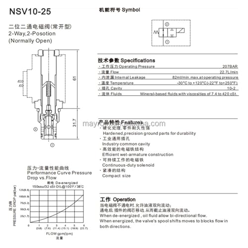 Électrovanne hydraulique 12 V bloquant le fluide à l'activation, modèle SV10-25 2 voies