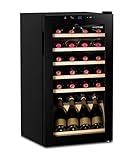 °CUBES Weinkühlschrank 28 Flaschen (90L) mit eleganter Glastür & hochwertigen Regalen aus Buchenholz | 5-18°C, vibrationsarm & leise (40dB) | Weinschrank mit LED Display - Tolles Geschenk