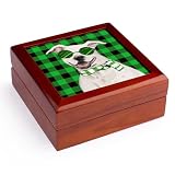 3dRose Cool White Pit Bull Christmas Dog with Green Buffalo Holiday Plaid Jewelry Box 7 x 7 inch with 4 inch tile