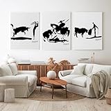 Cuadro abstracto en lienzo de Picasso con silueta humana y toro, póster impreso en blanco y negro, arte de pared, imágenes para decoración del hogar (30 x 40 cm, 3 unidades)