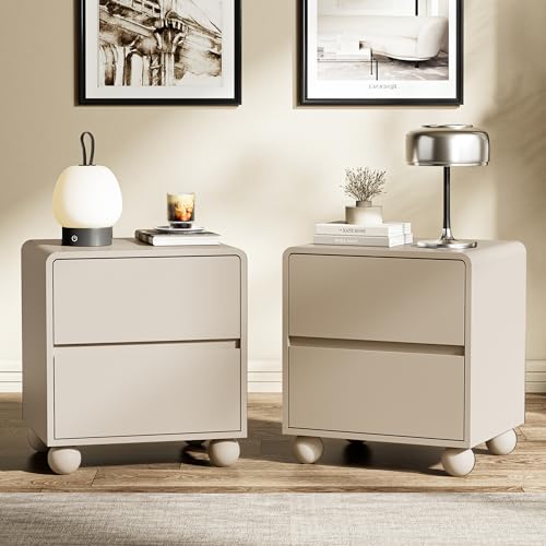 Image of Furniway 3 Piece Bedroom Set, 6 Drawer Dresser and 2 Drawer Nightstand Set of 2 with Round Legs, Modern Wood Chest of Drawers Storage Cabinet for Bedroom, Beige