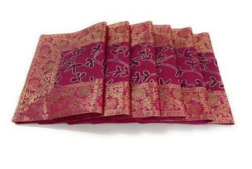 Image of Brocade Silk Placemats for Dinning Table 12 x 18 Inches Hand Embroidered, Set of 6 Decorative Placemats for Home (Pink)