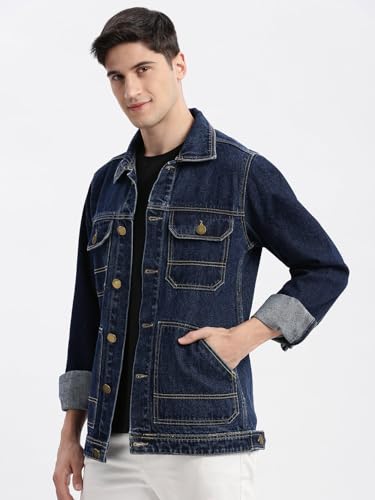 Image of SHOWOFFFF Men Solid Denim Jacket | Spread Collar Full Sleeves Denim Jacket for Mens | Slim Fit Regular Length Jacket for Men's