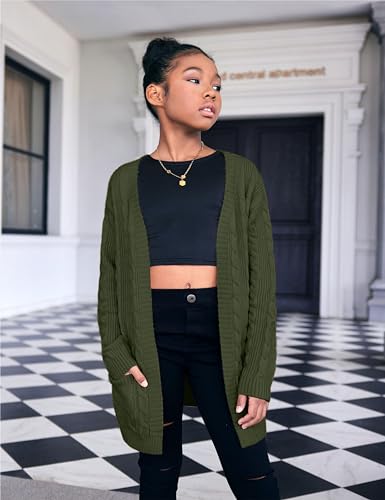 Image of Arshiner Girls Open Front Cardigan Long Sleeve Casual Kids Fall Clothes Solid Thick Chunky Sweater Coat with Pockets