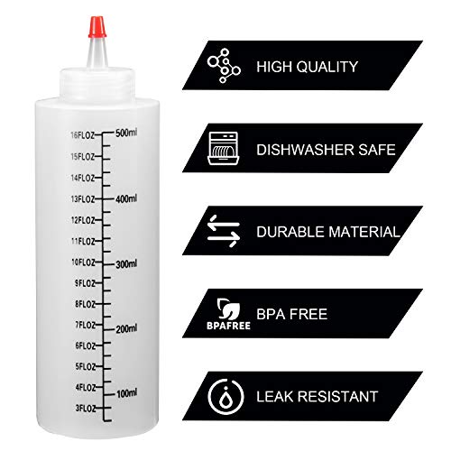 8 Pack Condiment Squeeze Bottles, OAMCEG 16 OZ Durable Plastic Squeeze Squirt Bottle with Red Tip Cap and Discrete Measurements, for Ketchup, BBQ, Syrup, Sauces - Includes Erasable Marker and Labels - Thumbnail 3