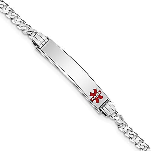 Engravable Personalized Custom 14K White Gold Medical Red Enamel Flat Curb Link Id Bracelet For Men Or Women Length 8 Inches Width 5.5 Mm With Lobster Claw Clasp #TOP30