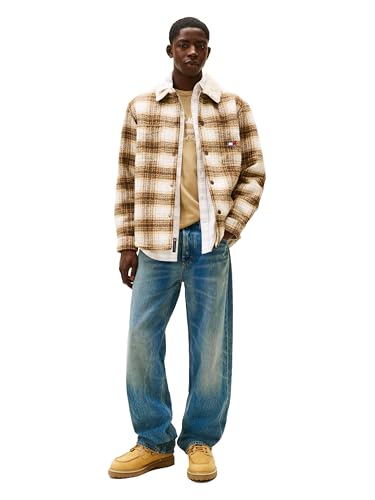 Tommy Jeans Mens Regular Checkered Teddy Overshirt, BLACK WALNUT/CHECK Large