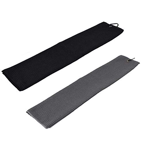 Mirrwin-Toalla-de-Golf-Toalla-de-Golf-de-Microfibra-Plegable-con-Anillo-de-Fijacion-Adecuado-para-Bicicleta-de-Carretera-Golf-Yoga-Deportes-de-Fitness-al-Aire-Libre-2-Piezas-NegroGris