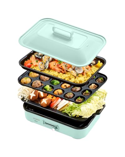 SOLEMOOD コンパクトホットプレート グリル鍋 着脱式プレート 温度調節機能付き 洗いやすい おしゃれ かわいい 1000W高出力 プレート選択可能 1~4人用 小型 ひとり暮らし にも (プレート3種(平面・たこ焼き・鍋)-グリーン)