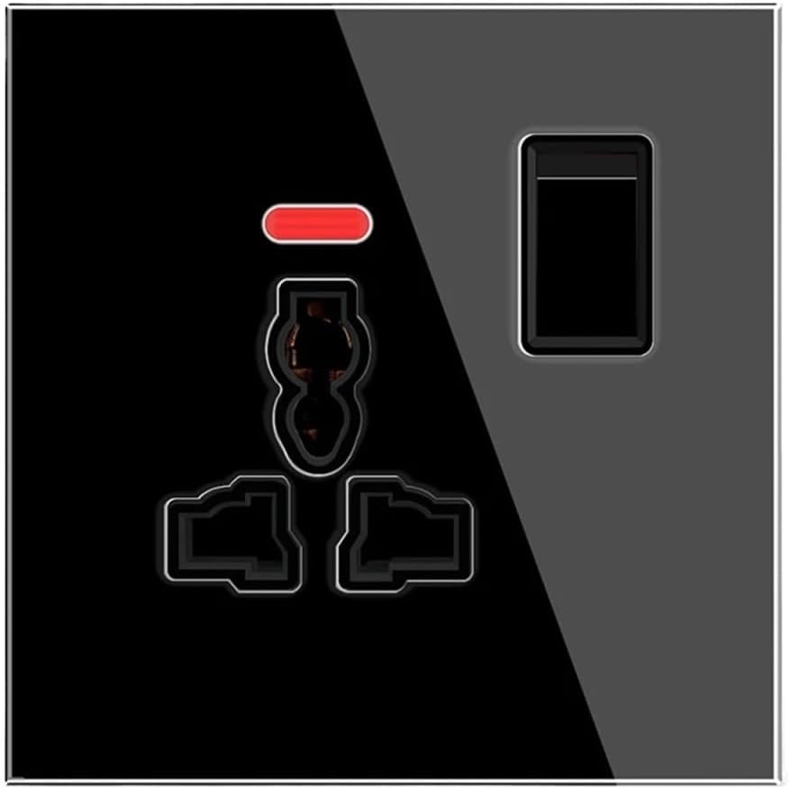HCIWAMMH Standard Power Socket,Crystal Glass Panel,with LED Indicator, Switch Control Electric Socket,16A Universal Wall Outlet(Black)