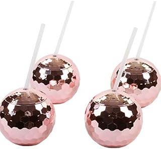 Andaz Press 1970s Disco Ball 19 oz Drink Tumbler with Straw, Rose Gold