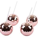 Andaz Press 1970s Disco Ball Cups 19 oz Drink Tumbler with Straw, Rose Gold Pink Champagne Copper, 4-Pack for Graduation Anniversary Bachelorette Party Disco Cups For Party Valentines Day Cup
