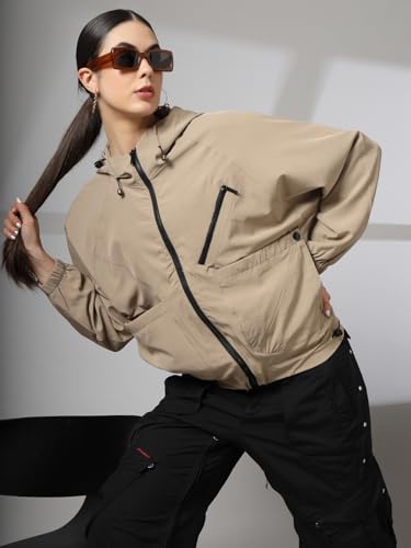 Image of CHKOKKO Womens Stylish Oversized Windcheater Jacket with Zip Closure Lightweight Sportswear for Running Travel Hiking Outdoor and Rainy Season Wear Khaki 3XL