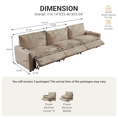 Image of 116.14 inch Power Reclining Sofa with Wireless Charging & Heated Seats,Smart Recliner Sectional Couch,Zero Gravity Recliner Sofa,Deep Seat Cloud Couch for Living Room Home Theater,Khaki,3 Seats