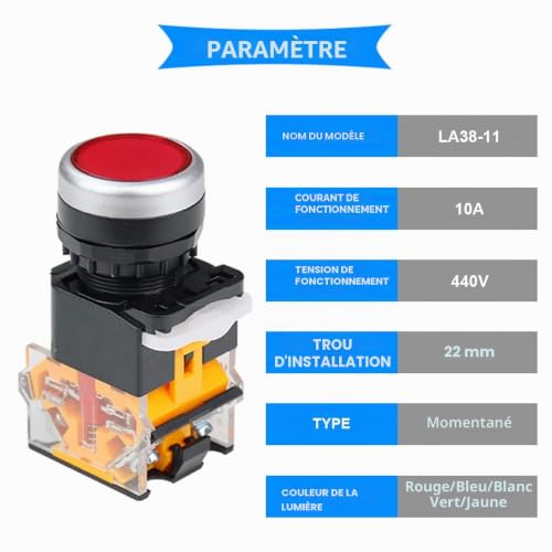 HAAMNING7 Lot de 6 interrupteurs à bouton-poussoir momentanés 440 V, 22 mm, 10 A, 5 couleurs (rouge/bleu/vert/blanc/jaune/noir), LA38-11, 1 NO, 1 NF, pour montage DIY, avec 24 bornes à fourche – vue 2