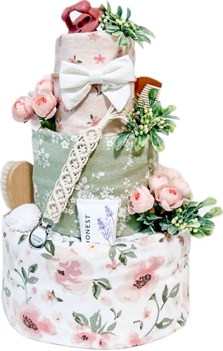 Baby In Bloom Diaper Cake - Handmade 3 Tier Diaper Cake for Baby Girl. Baby Shower Gift, Baby Shower Centerpiece - Tumbleweed Babies