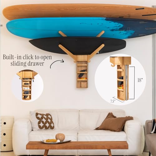 LISS The Sun Rack - Premium Wood Surfboard Wall Mount Rack Display, Ski, Snowboard Holder for 3 Boards for Garage & Home Storage with Built-In Drawer & Hooks for Longboards Shortboards, Wakeboards
