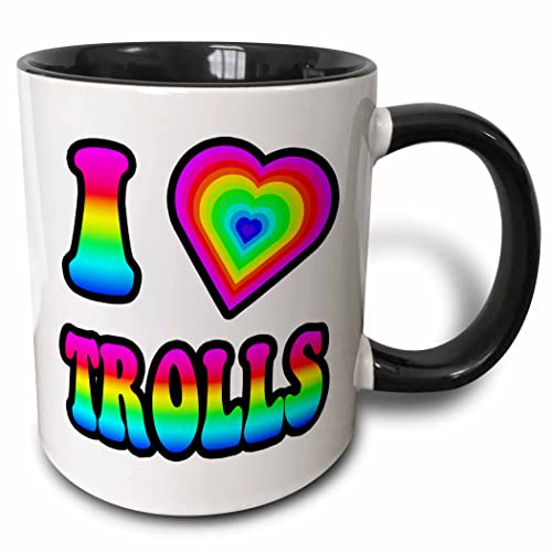 3dRose Groovy Hippie Rainbow I Heart Love Trolls 11oz Two-Tone Black Mug
