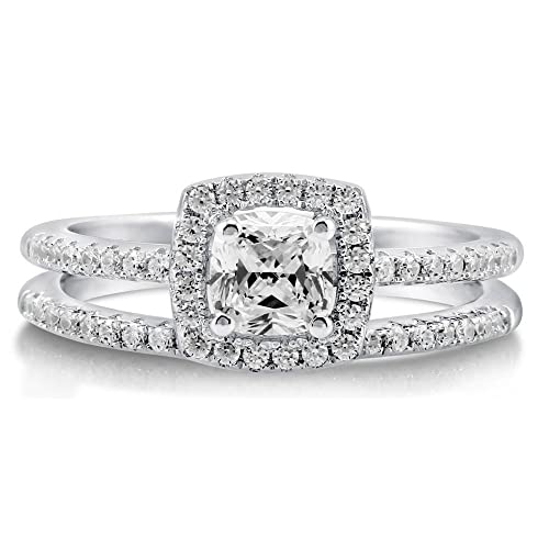 Berricle Sterling Silver Halo Wedding Engagement Rings Cushion Cut Cubic Zirconia Cz Ring Set For Women, Rhodium Plated Size 7 #TOP1