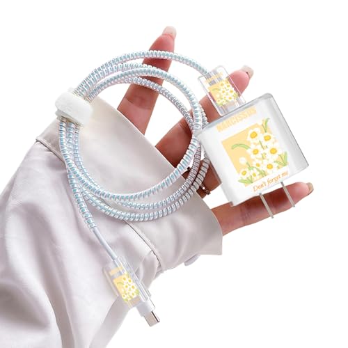 Flowers DIY Cable Protector for iPhone 18W/20W Charger,Cute Yellow Narcissus Design Transparent Data Line Cable Saver, Phone Charging Protector for Apple Charger Case