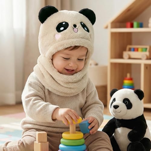 Image of Kraptick Winter Kids Monkey Cap - Cute Panda Plush Balaclava Hat with Neck Warmer Scarf Soft Woolen Fleece Lined Windproof Earflap Hood for Babies -3