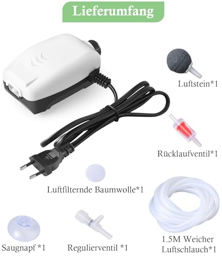 FEDOUR 2W Nano Leiser Aquarium Luftpumpe mit 1 Ausgänge, 168LPH Leistungsstarke Einstellbar Sauerstoffpumpe, Belüfter für 1-150L Aquarien mit Allem Zubehör