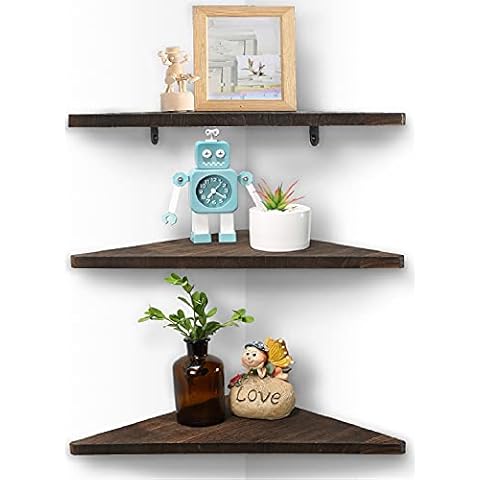 Joiishom Corner Wall Shelf Set of 3, Floating Corner Shelves for Wall, Rustic Wood Wall Storage Display Shelves for Living Room Bedroom Bathroom Kitchen (Dark Brown) Cover