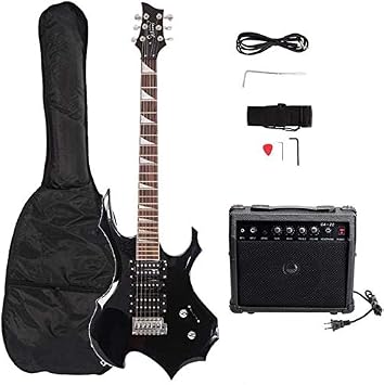 Music Lover Flame Shaped Electric Guitar with 20W Electric Guitar Sound HSH Pickup Novice Guitar Audio Bag Strap Picks Shake Cable Wrench Tool Black 3-7 Days Delivery