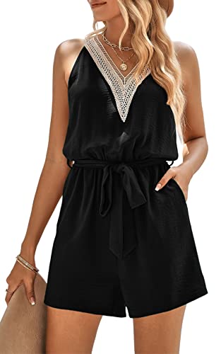 Prettygarden Women's Summer Sexy V Neck Romper 2023 Fashion Sleeveless Casual Waist Tie Short Jumpsuit With Pocket Black Small #TOP30