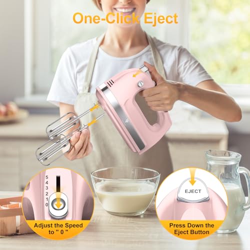 Hand Mixer Electric, 400W Food Mixer 5 Speed Handheld Mixer, 5 Stainless Steel Accessories, Storage Box, Kitchen Mixer with Cord for Cream, Cookies, Dishwasher Safe, Pink - Thumbnail 4