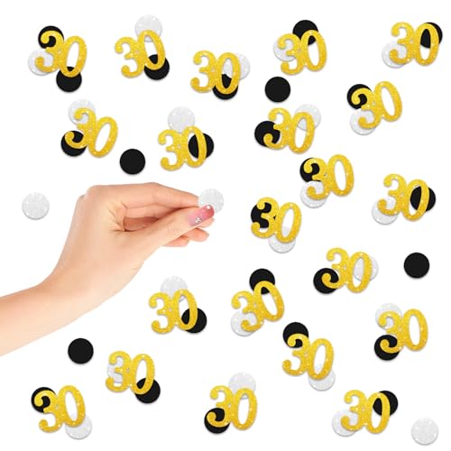 Number 30 Confetti, Gold Glitter 30th Birthday Table Confetti, 200pcs Black Silver Dots Paper Scatters, Gold Thirty Cut Out for 30th Anniversary Party Table Decoration