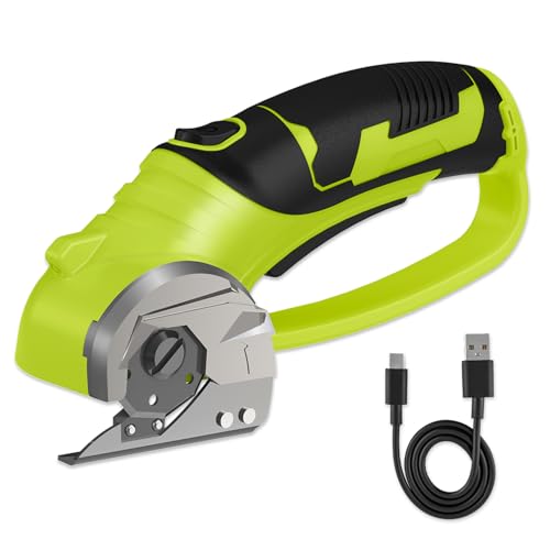 Cordless Electric Scissors, 4V Box Cutter & Cardboard Cutter with Upgrade Blade, LED Light, Safety Lock - Rechargeable Rotary Cutter for Fabric, Leather, Plastic, Crafting, Sewing, Industrial (Green)