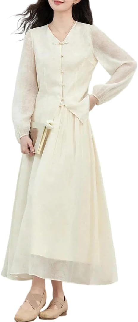Women's Chinese Style Two Piece Set Spring Elegant Frog Button Puff Sleeve Top And Midi Skirt Lightweight Suit