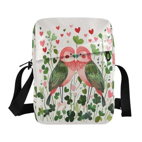 Valentine Clover Flowers Love Bird messenger bag cute mens crossbody Shoulder Handbag For Travel Adjustable Strap for work Outdoor Daily