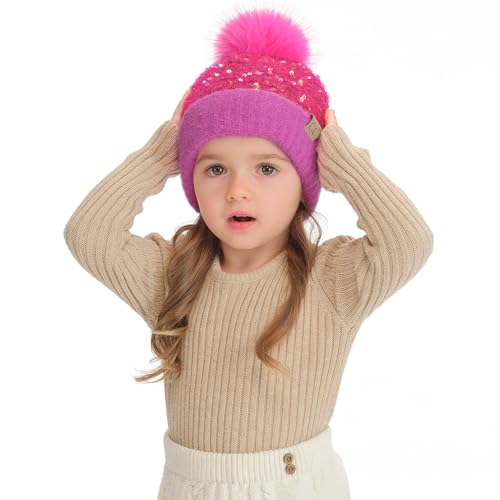 C.C Kids Sequin Fur Pom Beanie for Boys Girls - Comfortable Soft Warm Children Youth Knit Skully Hat with Faux Fur Pom3