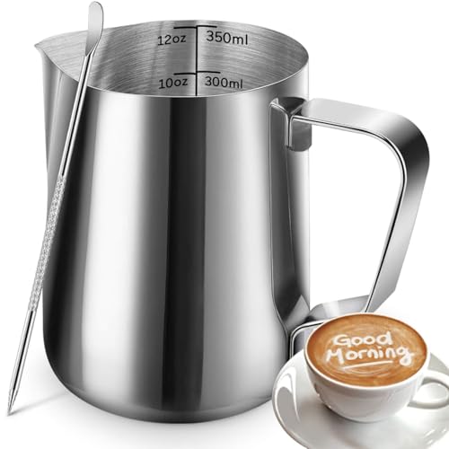 SIKEMAY Milk Frothing Pitcher Cup, 12oz/350ML Milk Frother Cup Stainless Steel Steaming Pitcher Milk Jug Coffee Latte with Art Pen Cappuccino Espresso Machine Accessories Barista Steam Pitchers Tools