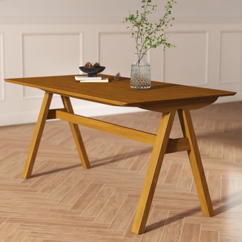 Image of DUOMAY Wooden Dining Table, Square 59 inch Wide Kitchen Table for 4-6 People, Mid Century Rectangular Dinner Table with Trestle Base for Home Restaurant, Walnut Color